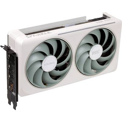 Bijela grafička kartica s dva ventilatora, označena natpisima 'SPARKLE' i 'ROC Intel ARC', s više priključaka sa strane.