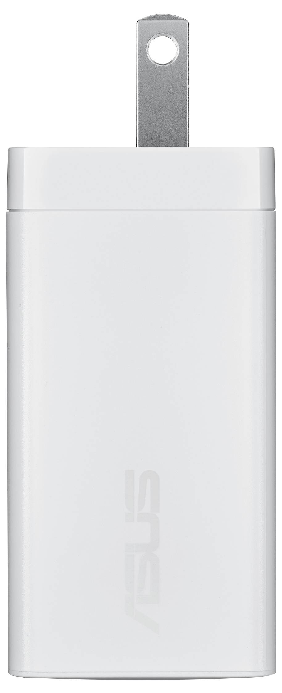 Prikazuje se bijeli Asus USB mrežni adapter s jednom metalnom šiljkom za spajanje u električni utičnicu, postavljen vertikalno.