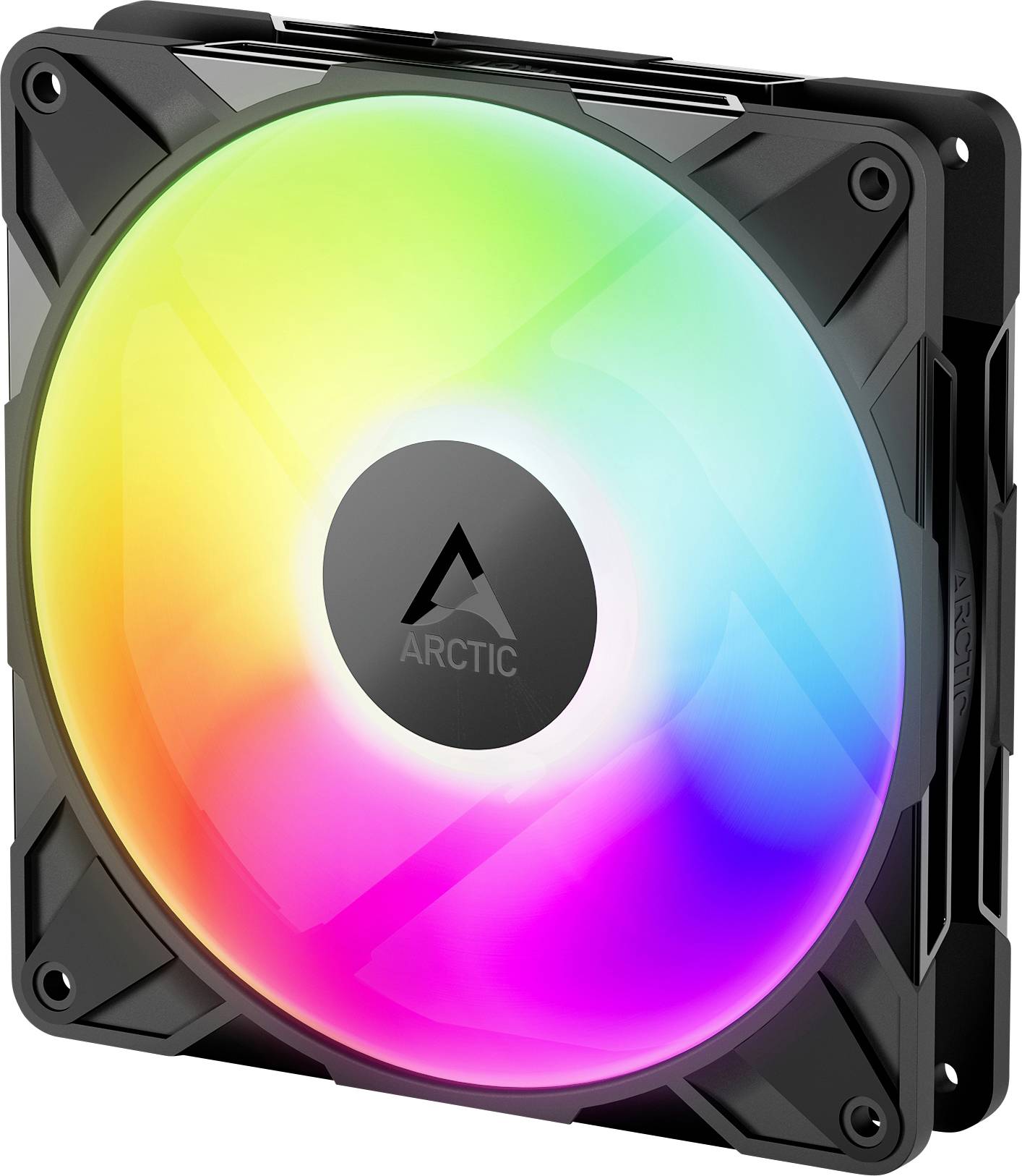 Kvadratni računalni ventilator s RGB osvjetljenjem u više boja, koji pretežno prikazuje zelene, plave, ružičaste i žute nijanse, s centralnim logotipom.