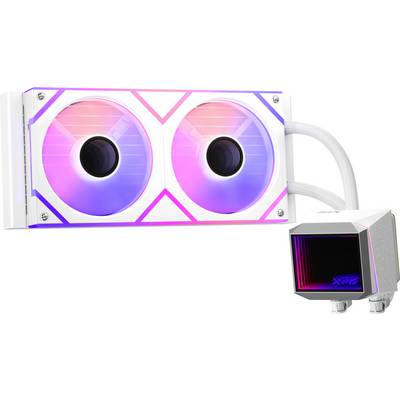 Bijeli RGB sustav tekućinskog hlađenja s dva ventilatora i pumpnim blokom s LED osvjetljenjem, namijenjen hlađenju stolnog računala.