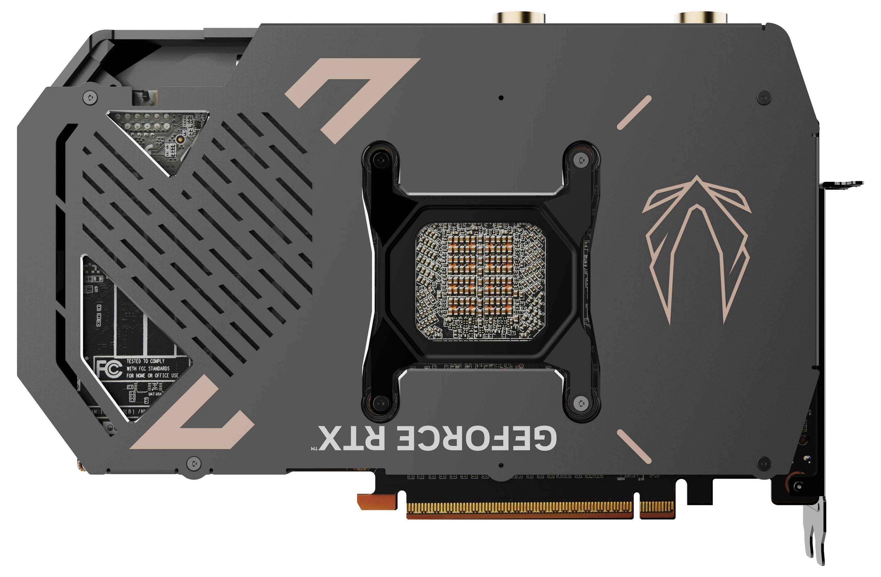 Grafička kartica za računala s oznakom 'GEFORCE RTX', koja prikazuje geometrijski dizajn i rashladnu zonu na svojoj stražnjoj ploči.