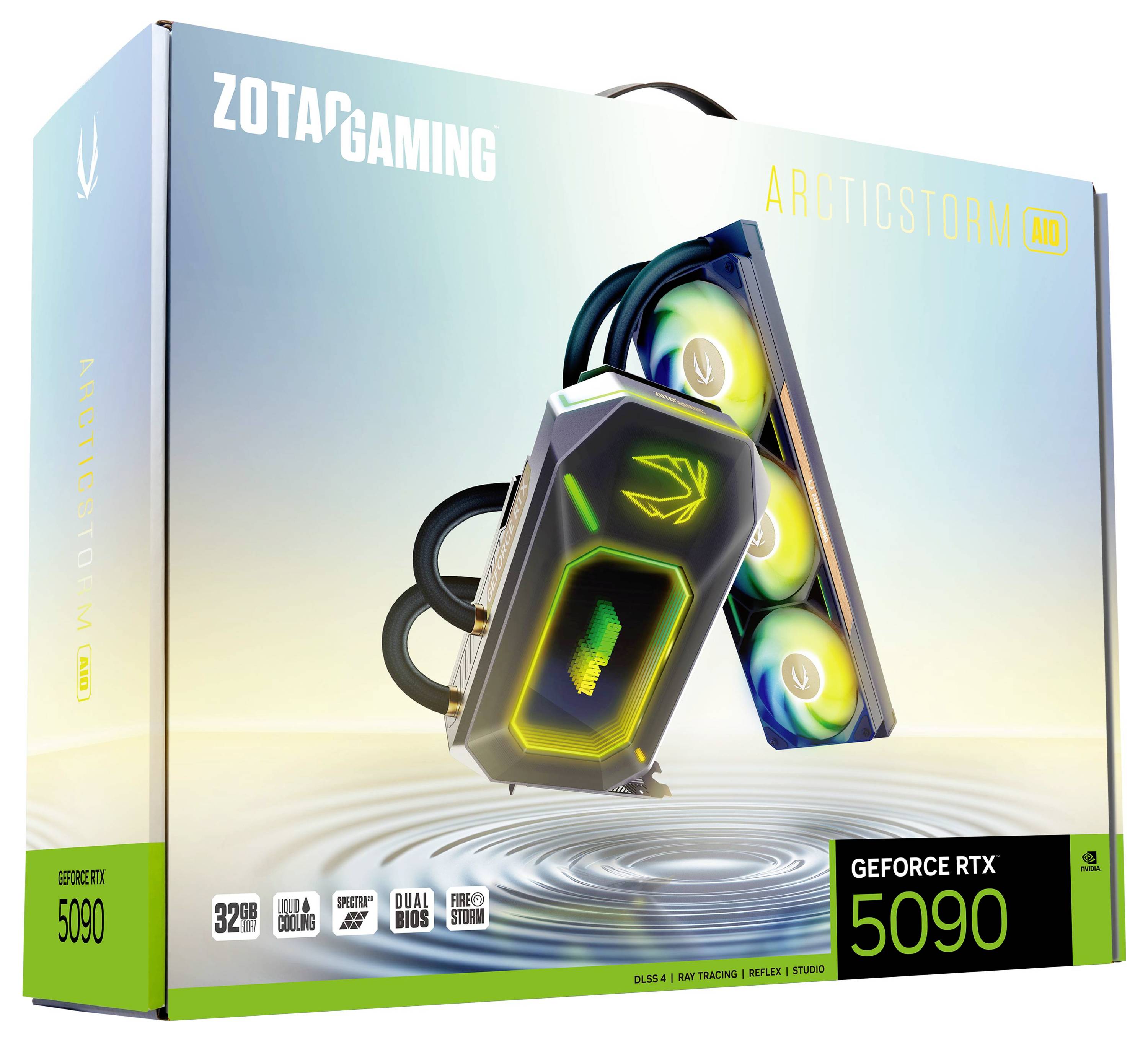 Kutija grafičke kartice ZOTAC GAMING GeForce RTX 5090 ArcticStorm sa slikom rashladnog sustava, naglašavajući značajke proizvoda i brending.