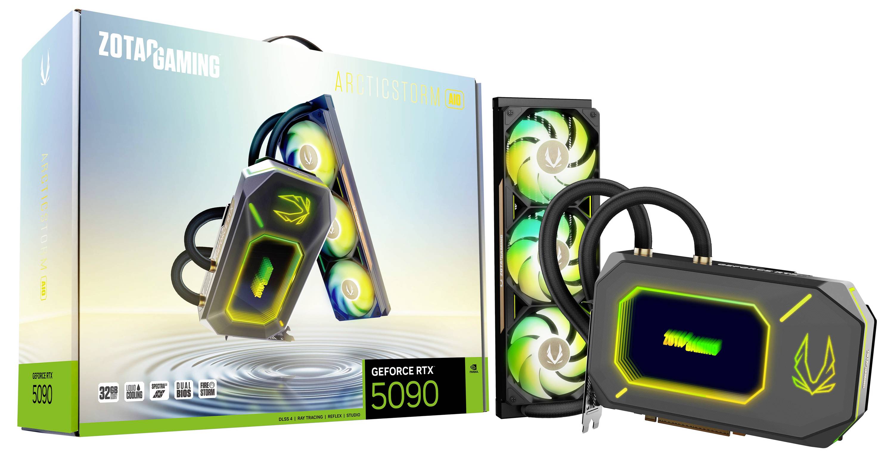 Zotac Gaming GeForce RTX 5090 ArcticStorm grafička kartica amb ambalažom na kojoj se prikazuje futuristički dizajn i sustav hlađenja.