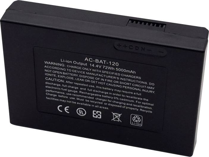 Crna litij-ionska baterija označena oznakom 'AC-BAT-120' s tehničkim specifikacijama '14.4V 72Wh 5000mAh' i sigurnosnim upozorenjima otisnjenima na njoj.