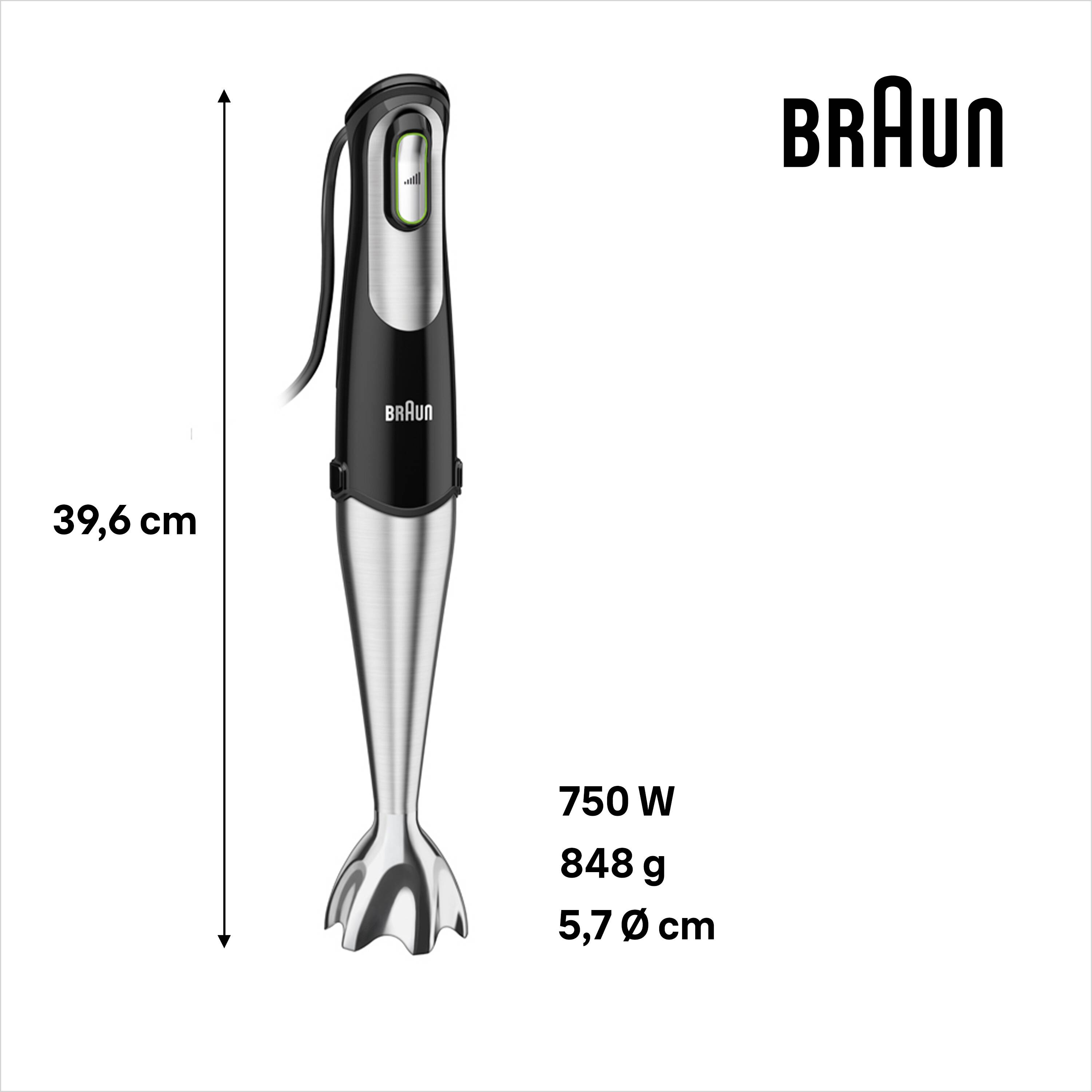 Ručni blender Braun s elegantnim dizajnom u crno-srebrnoj boji, visine 39,6 cm, snage 750 W, mase 848 g i promjera 5,7 cm.