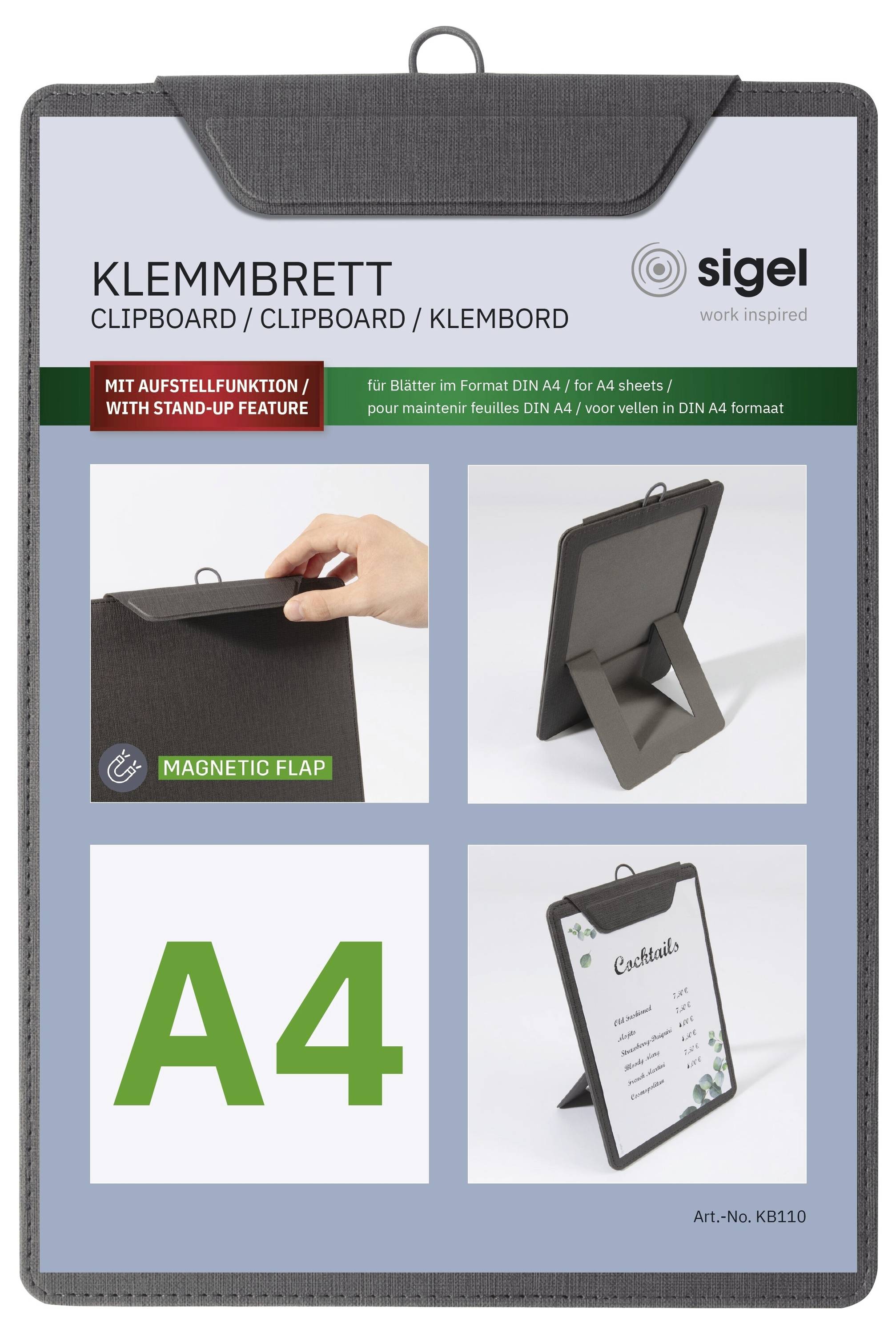 Paket za Sigel Klemmbrett pisaću ploču s magnetnom preklopkom i funkcijom stajanja, prikazan u veličini A4 i fotografijama proizvoda.