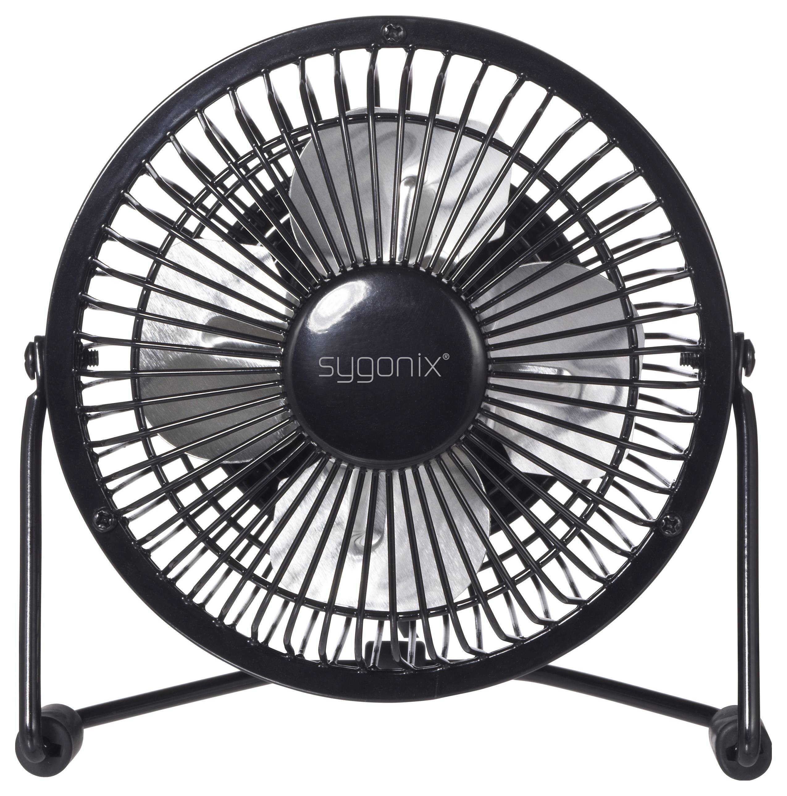 Crni Sygonix stolni ventilator, kružnog okvira i vidljivih oštrica, stoji uspravno. Isključen je i postavljen uz jednostavnu bijelu pozadinu.