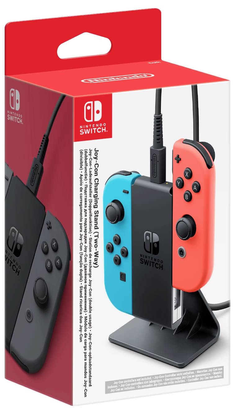 Stalak za punjenje Nintendo Switch Joy-Con kontrolera (Neon plava/Neon crvena) prikazuje kontrolere povezane za punjenje s oznakama proizvoda.