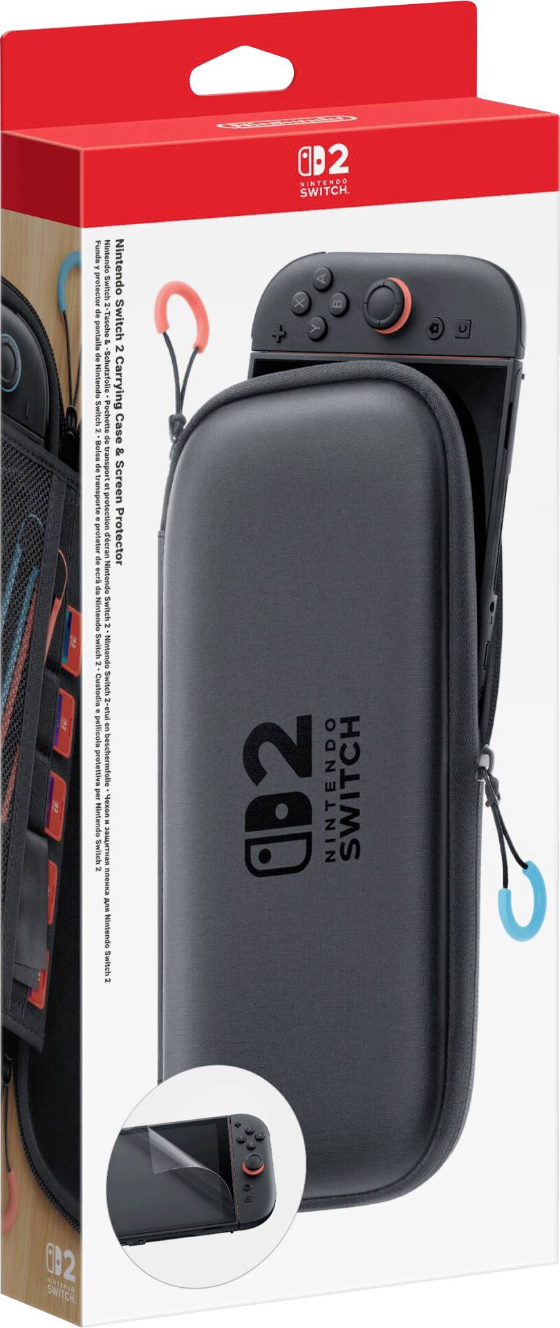 Pravokutna ambalaža predstavlja Nintendo Switch torbu za nošenje, dizajniranu za zaštitu i pohranjivanje gaming konzole i njezinih dodataka.