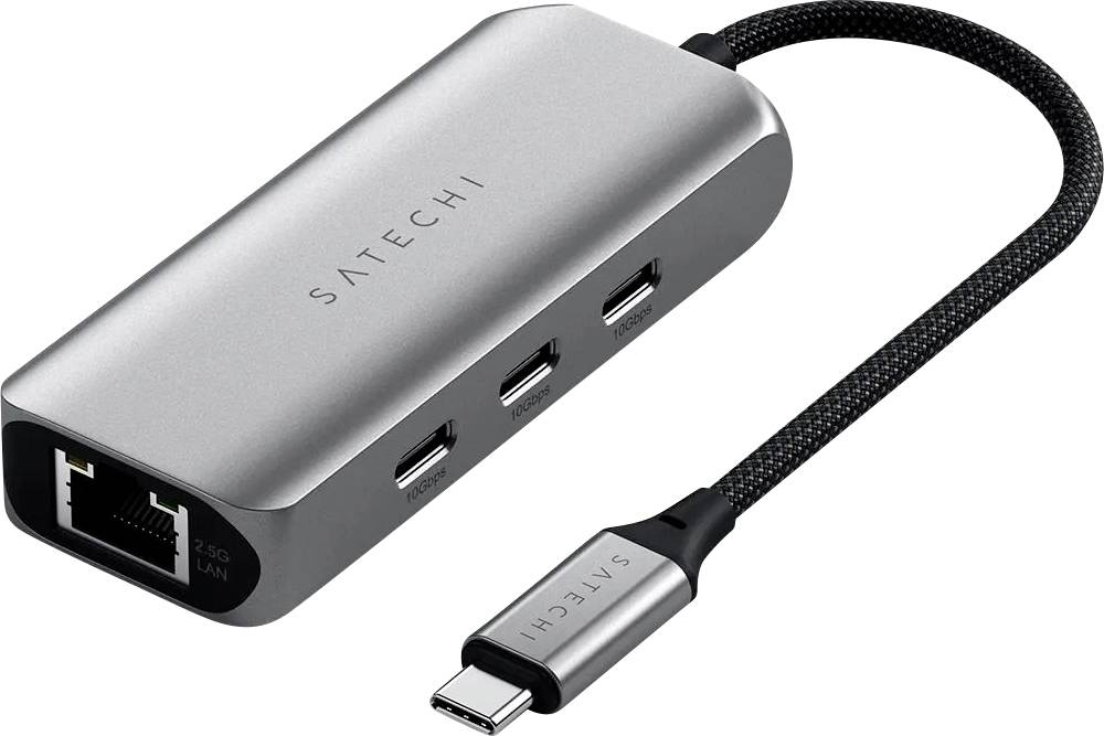 Metalni adapter s više priključaka koji uključuje Ethernet, dva USB-C, jedan USB-A priključak i pleteni kabel koji završava USB-C konektorom.