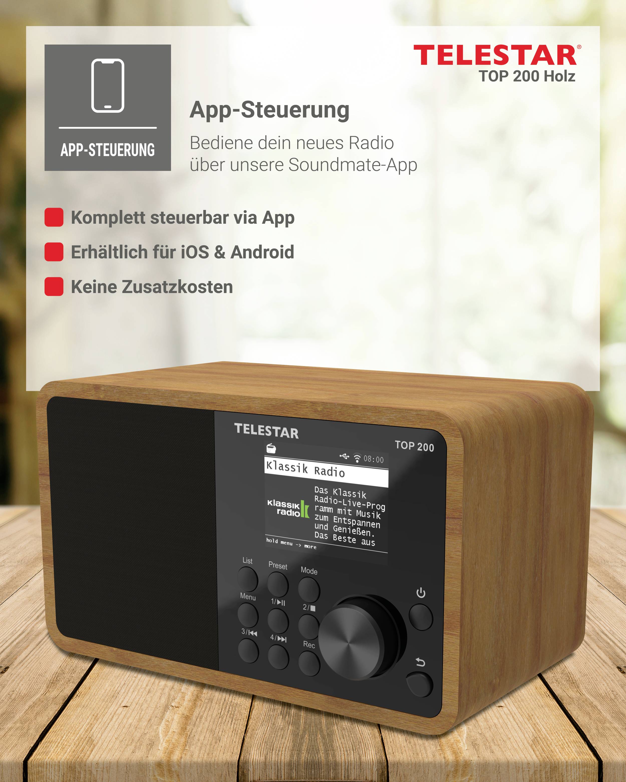 Telestar TOP 200 Holz internet prijenosni radio internet, DAB+ (1012), UKW (1014) Bluetooth®, USB, WLAN, AUX drvo-11