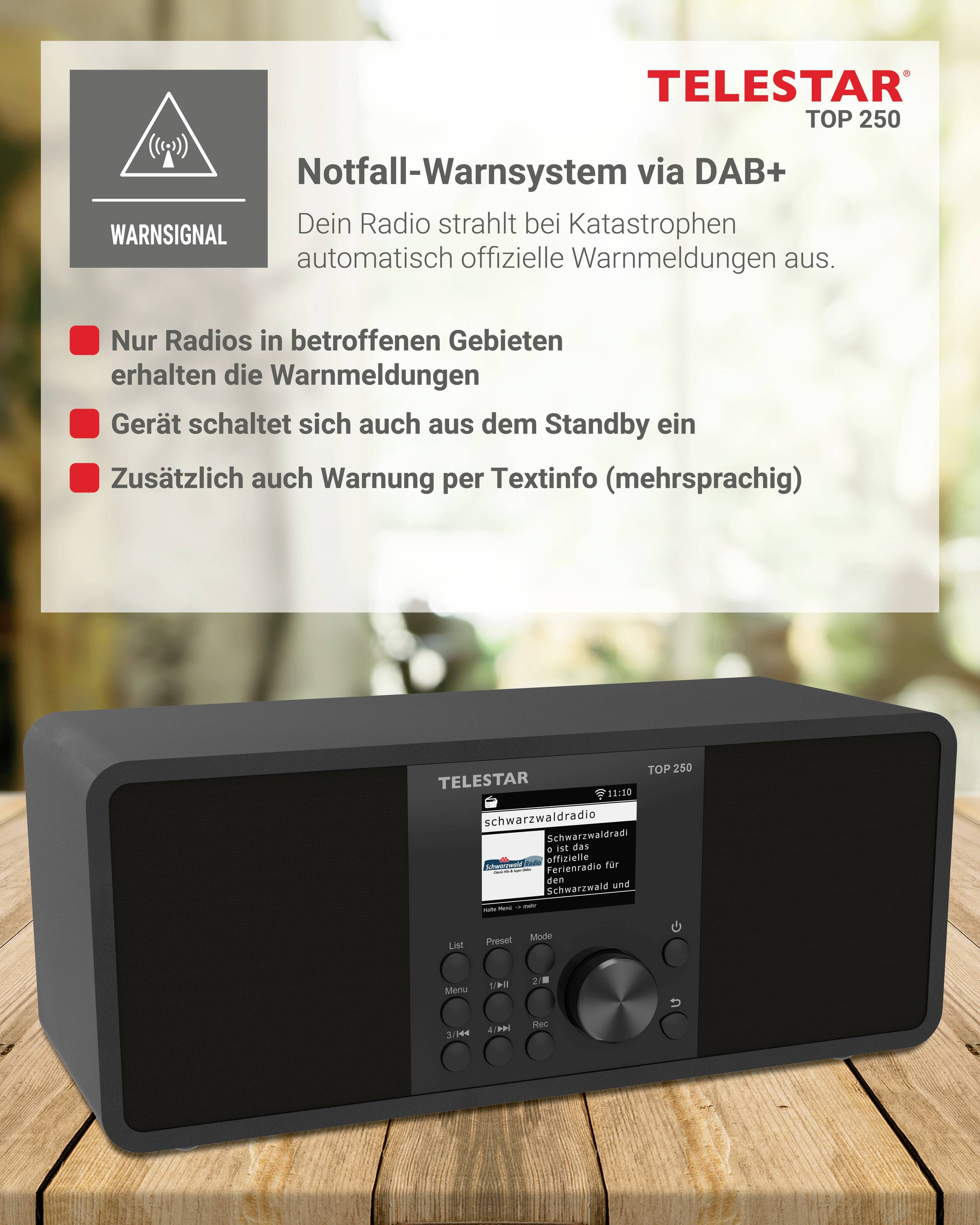 Sustav upozorenja u hitnim slučajevima putem DAB+-a. Radio s simbolom signala upozorenja. Glavne funkcije: upozorenja za pogođena područja, automatsko uključivanje, višejezične informacije.