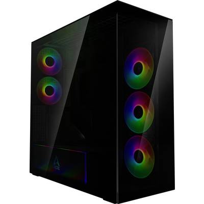Crni računalni kućište sa zatamnjenom staklenom bočnom stranicom, koje prikazuje živopisno RGB osvjetljenje na šest kružnih ventilatora unutar njega.
