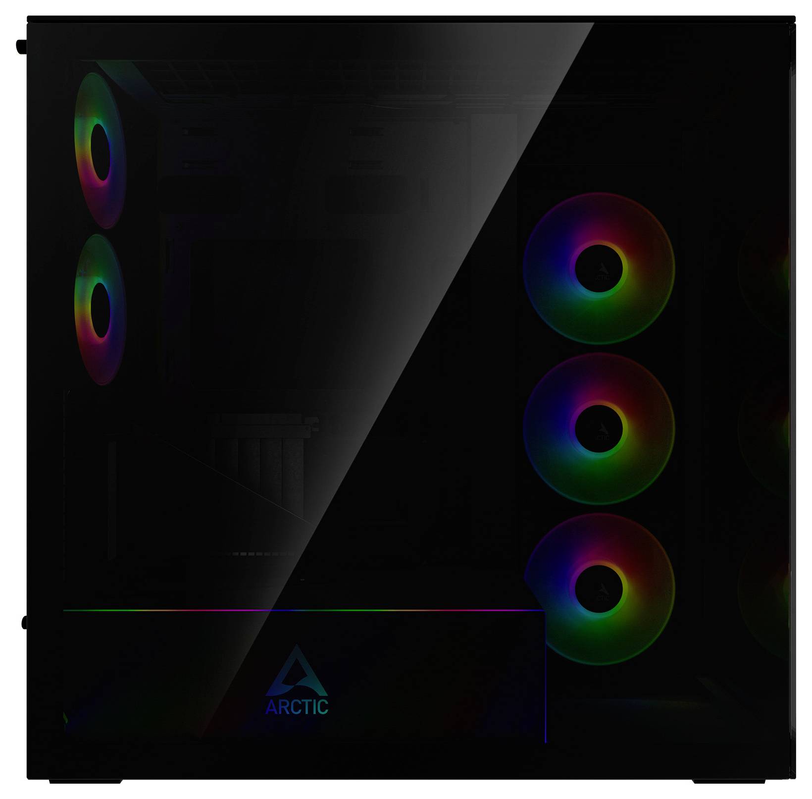 Kućište gaming računala s RGB ventilatorima sa strane. Prednja ploča ima logo, a unutrašnjost je blijedo vidljiva kroz staklenu površinu.
