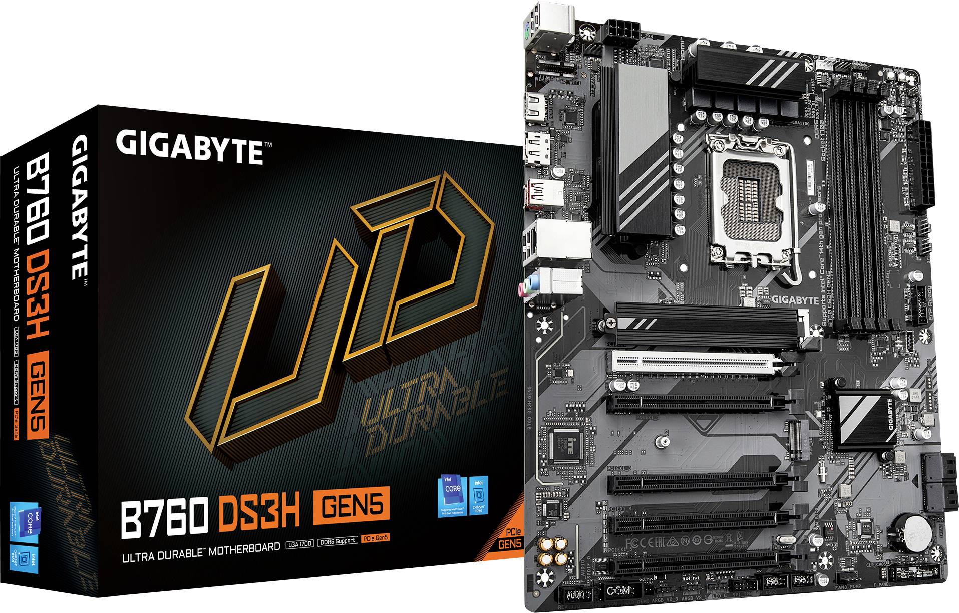 GIGABYTE Ultra Durable B760 DS3H GEN5 matična ploča s kutijom. Karakteristike uključuju PCIe 5.0, podršku za DDR5 i multiple priključke za povezivanje.