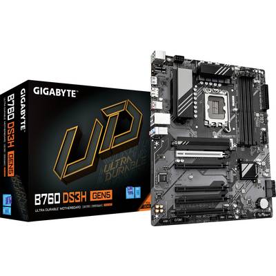 GIGABYTE Ultra Durable B760 DS3H GEN5 matična ploča s kutijom. Karakteristike uključuju PCIe 5.0, podršku za DDR5 i multiple priključke za povezivanje.