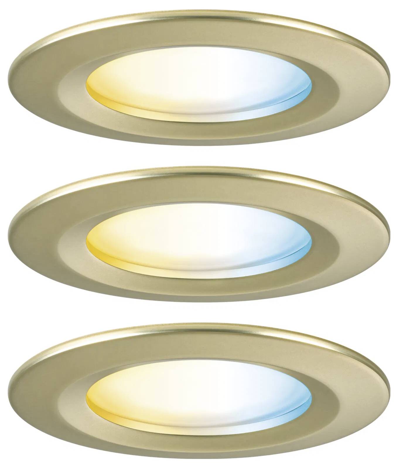 Tri kružna LED ugradbena svjetla u zlatnoj završnoj obradi, od kojih svako prikazuje različite temperature svjetla: toplo žuto, hladno plavo i neutralno bijelo.