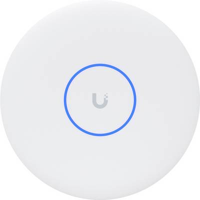 Okrugla bijela bežična pristupna točka s plavim LED prstenom i sivim logotipom 'U' u sredini.