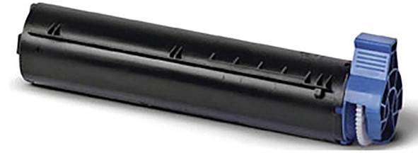 Prikazana je crna toner patrona za printer s plavim čepom na jednom kraju, namijenjena uporabi u laserskim printerima ili fotokopirnim uređajima.
