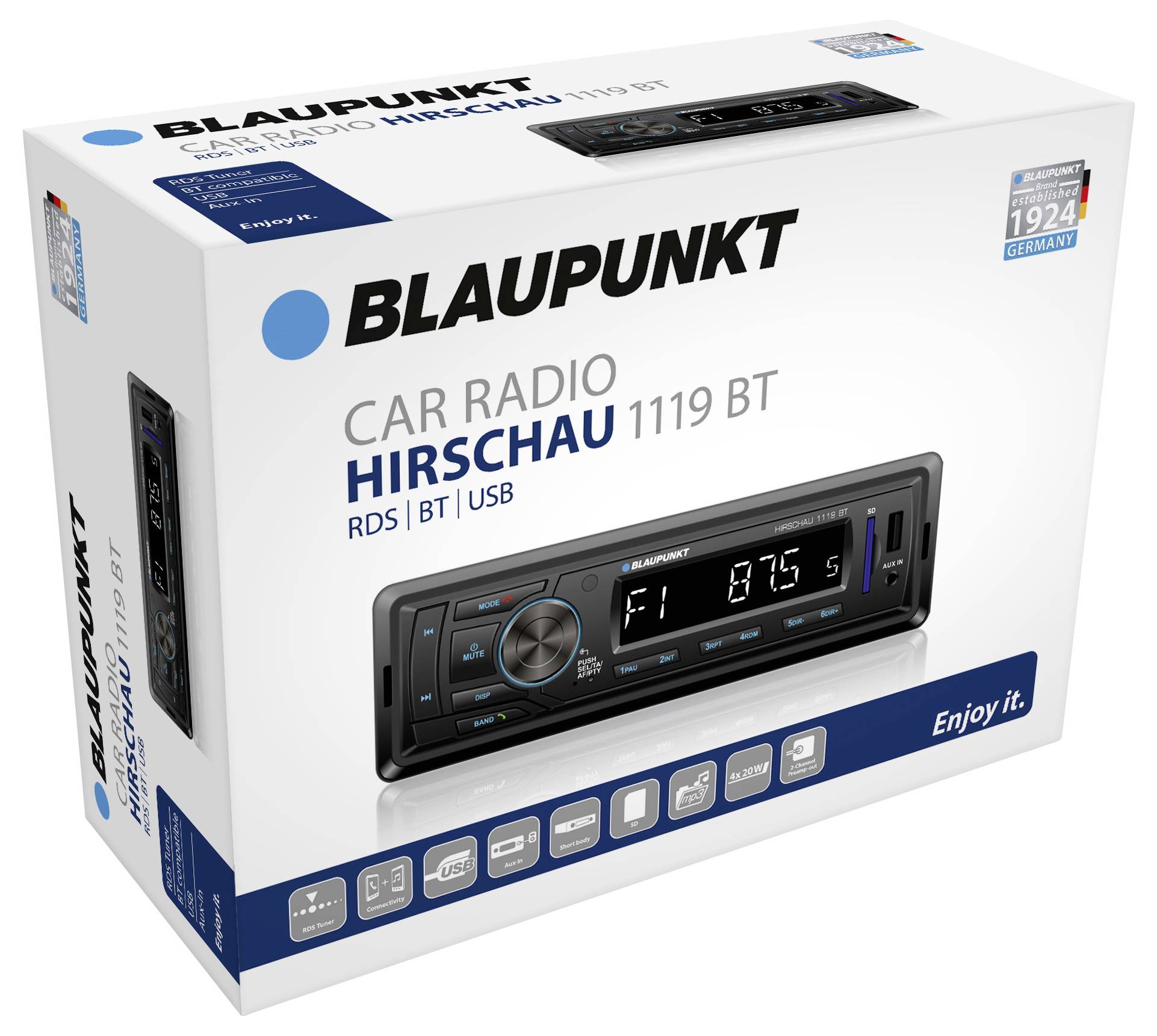 Ambalaža 'Blaupunkt Car Radio Hirschau 1119 BT' prikazuje značajke poput RDS-a, Bluetootha, USB-a. Slika radija s zaslonom na prednjoj strani.
