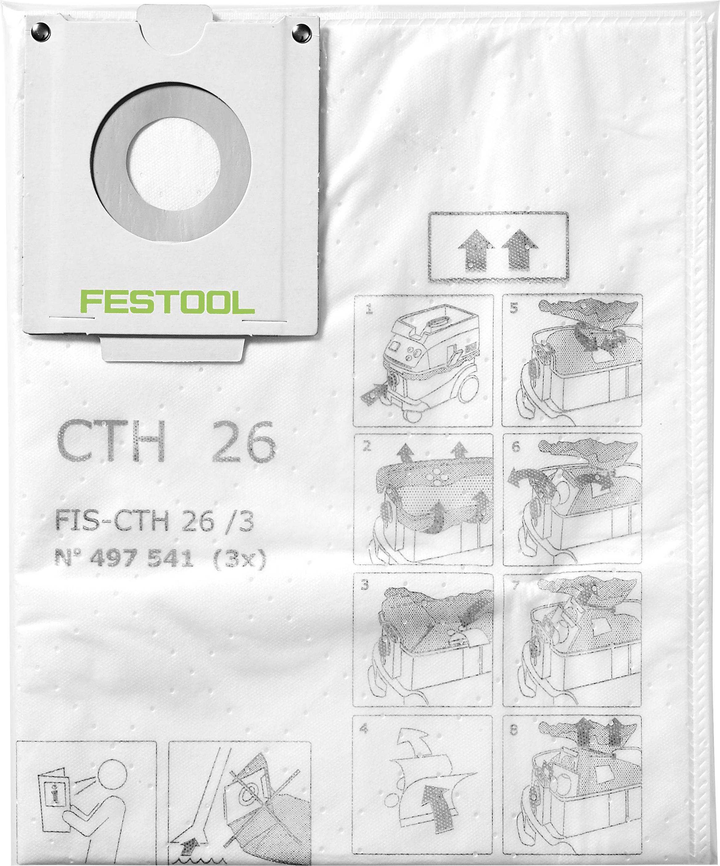 Vrećica za pribor usisavača Festool CTH 26 s prikazom koraka ugradnje pomoću ilustracija i detalja proizvoda.