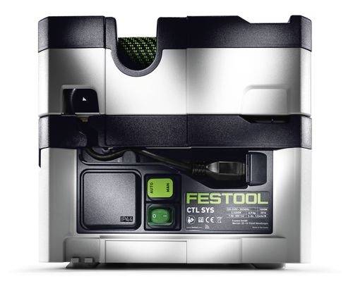 Prednji pogled Festool usisivača za prašinu, model CTL SYS, koji prikazuje kontrolnu ploču sa sklopkom za uključivanje i logotipom.
