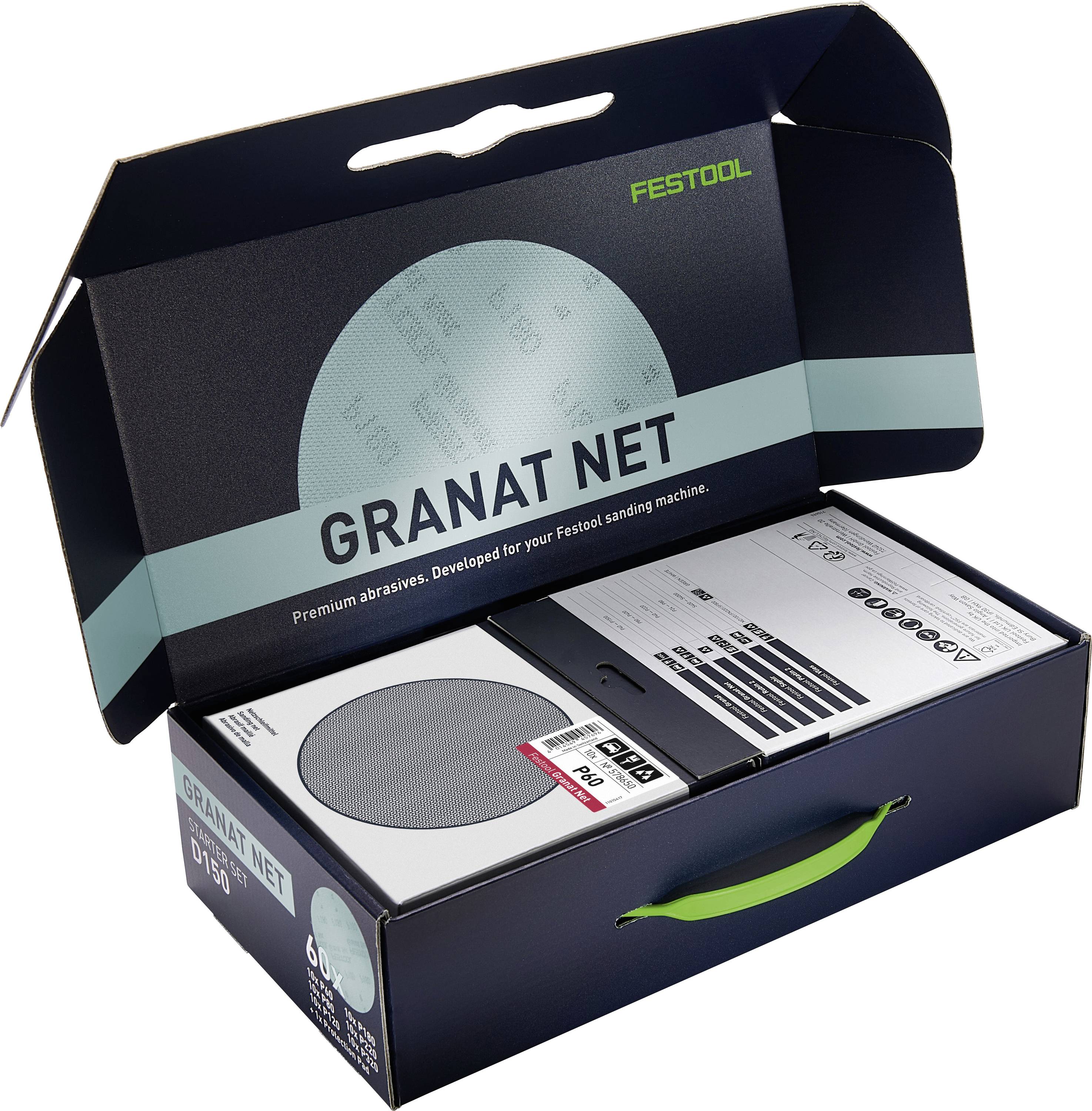 Kutija Festool Granat Net-a, premium abraziva za strojeve za brušenje, otvorena kako bi prikazala diskove i upute unutra.