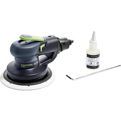 Brusilica s zelenim gumbom i Festool logotipom stoji pored 50 ml bočice maziva i L-obličnog imbus ključa.