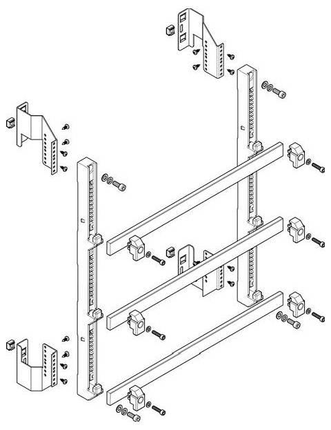 Dijagram rastavljene montaže troetažnog stalka s vertikalnim nosačima, horizontalnim poprečnim šipkama, konzolama i učvršćivačkim elementima.