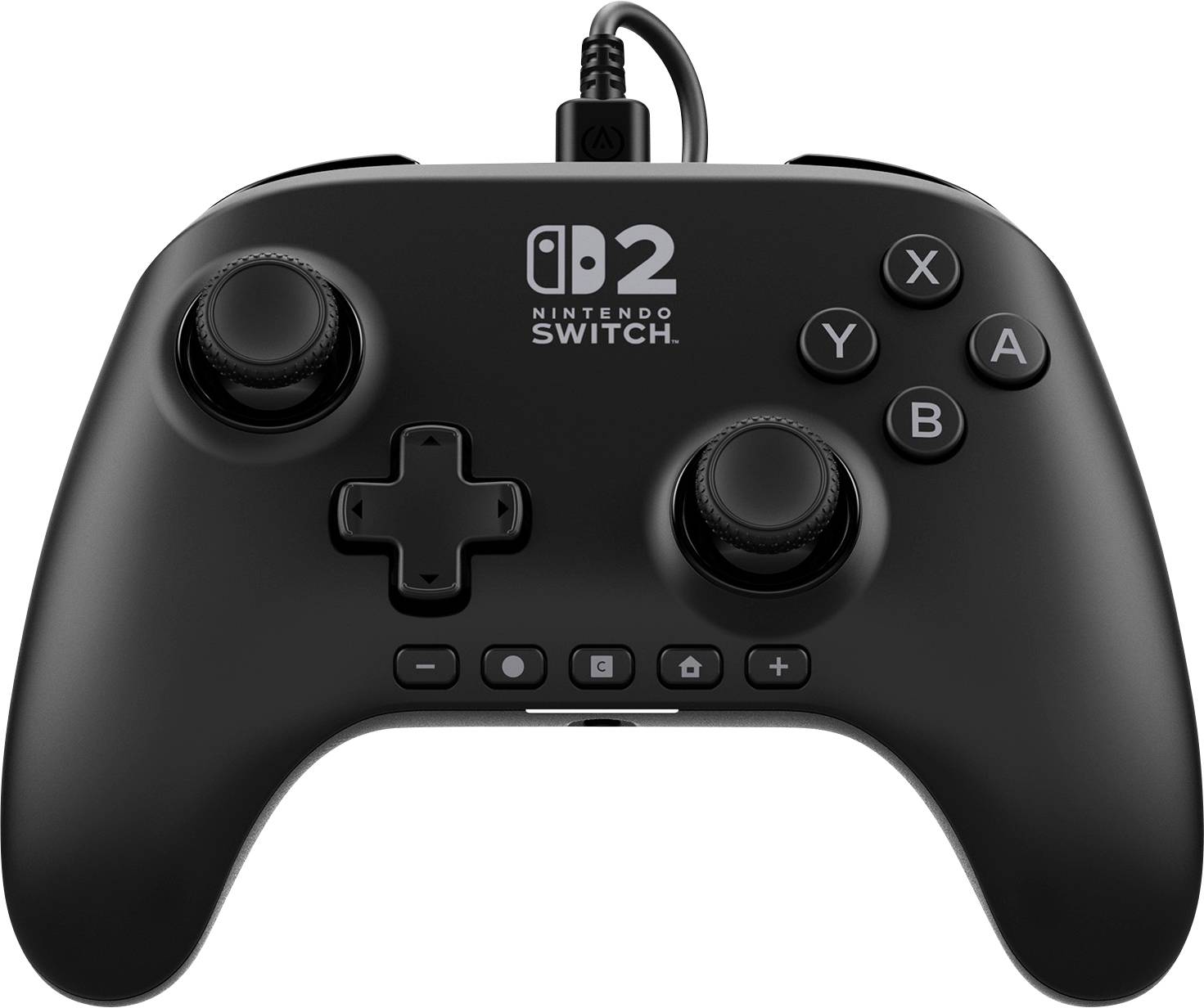 Crni Nintendo Switch kontroler s dva joysticka, D-padom i tipkama za akciju označenim 'X', 'Y', 'B', 'A'.