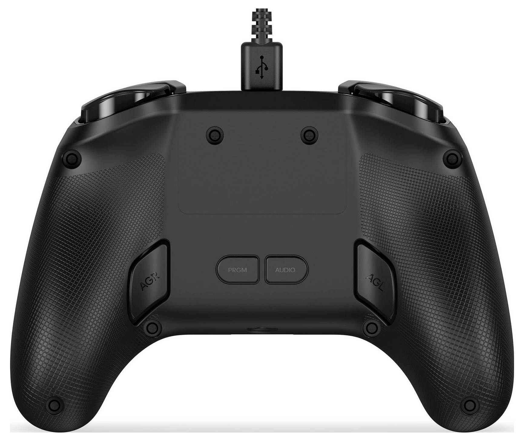 Crni gaming kontroler, pogled s leđa, prikazuje tipke označene natpisima 'Program' i 'Audio', s teksturiranim ručkama i centralnim USB priključkom.