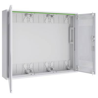 Otvorena, prazna siva električna ormar sa zglobnim vratima, koji otkriva Multiple mounting points unutar, postavljen protiv bijele pozadine.