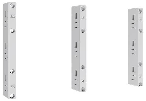 Tri okomite bijele pravokutne električne komponente označene L1, L2, L3, svaka sa vijcima i indikatorima, poredane jedna uz drugu na jednostavnoj pozadini.