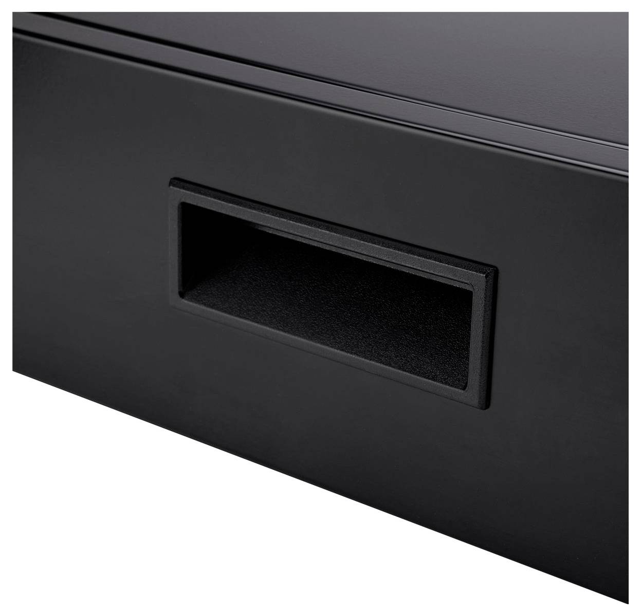 Crni ladičar s uvučenom pravokutnom ručkom, prikazan izbliza, djelomično otvoren.