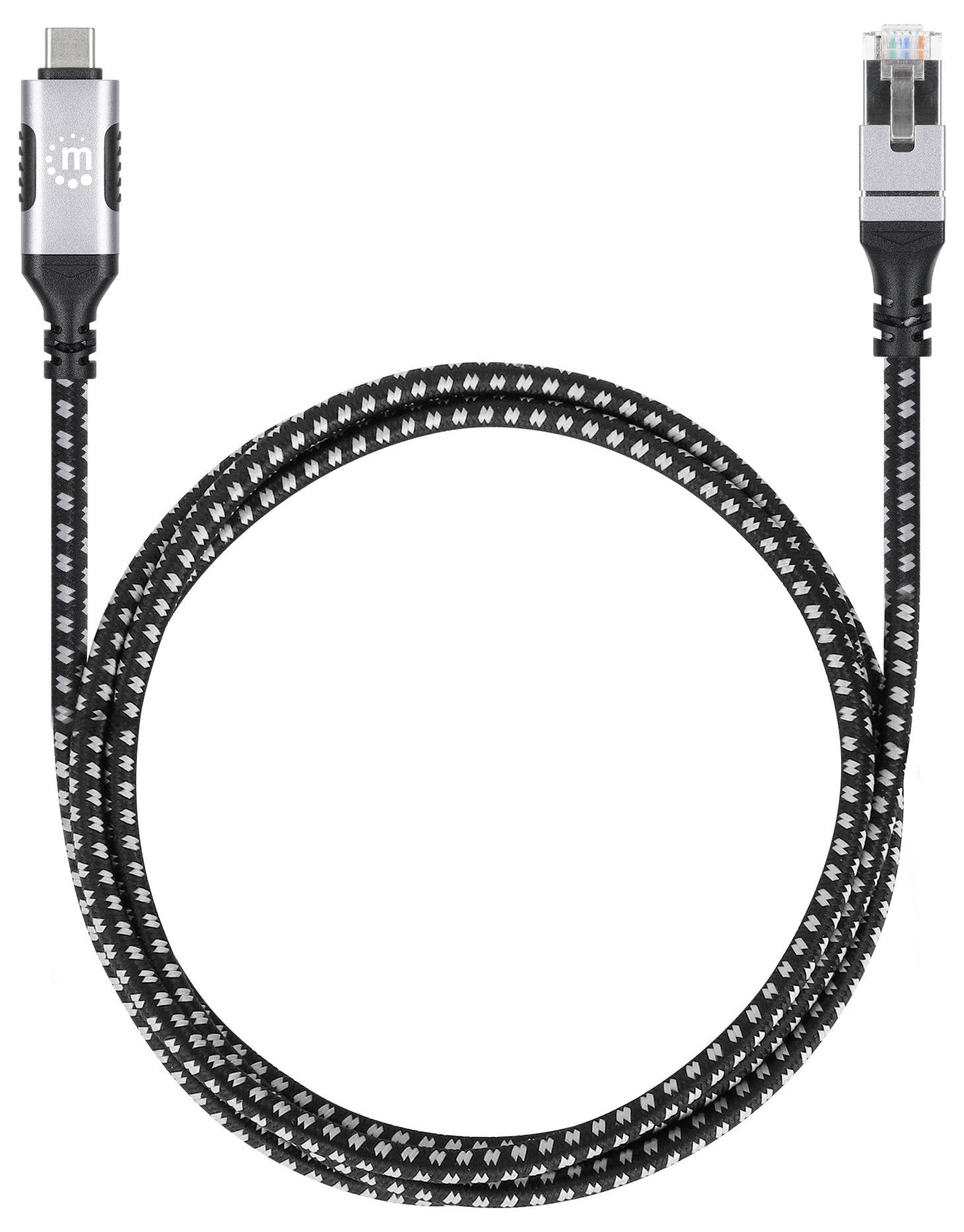 Upleteni Ethernet kabel s metalnim konektorima na oba kraja.