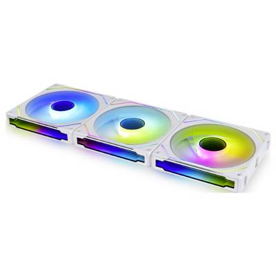 Tri računalna ventilacijska ventilatora za hlađenje s RGB osvjetljenjem u plavoj, crvenoj i zelenoj boji, postavljeni u bijeli pravokutni okvir, poredani jedan do drugog.