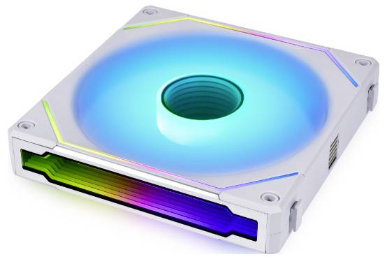 Kvadratni RGB računalni ventilator s plavim svjetlećim osvjetljenjem i rubovima u duginim bojama, dizajniran za hlađenje u vizualno privlačnoj postavi.