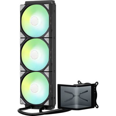 Računalni sustav tekućinskog hlađenja koji uključuje tri LED osvjetljena kružna ventilatora pokraj prozirne pumpе s dizajniranim stiliziranim 'X' motivom.