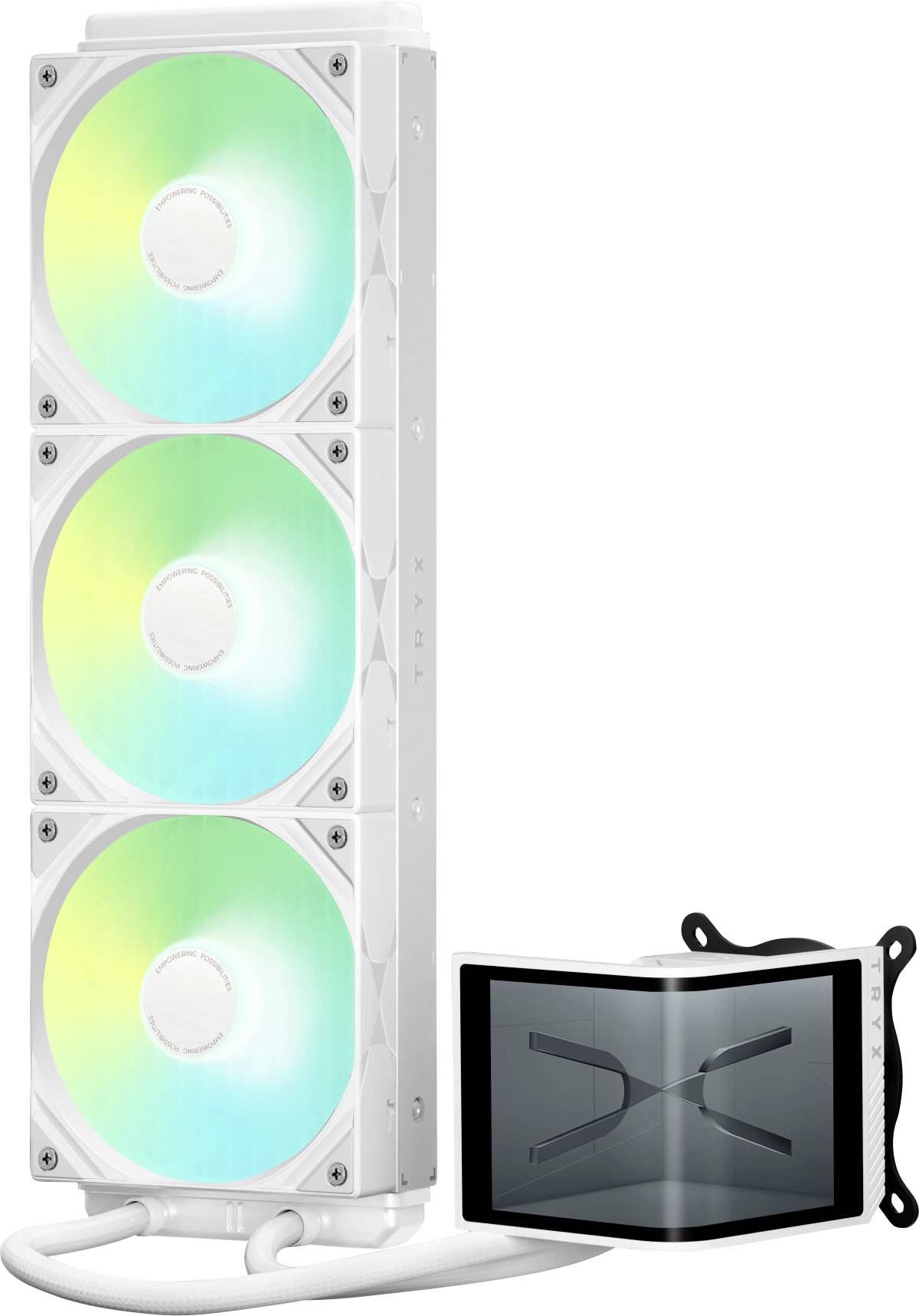 Bijeli sustav hlađenja računala s tri RGB osvjetljena ventilatora i odgovarajućom jedinicom za punjenje, projektiran za učinkovito disipiranje topline.