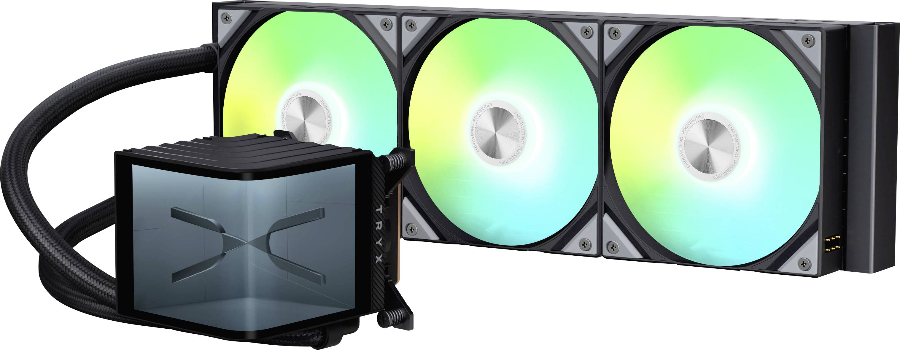 Tekućinski CPU hladnjak s radiatorom s tri ventilatora i RGB osvjetljenem, dizajniran za učinkovito odvođenje topline u računalnim sustavima.