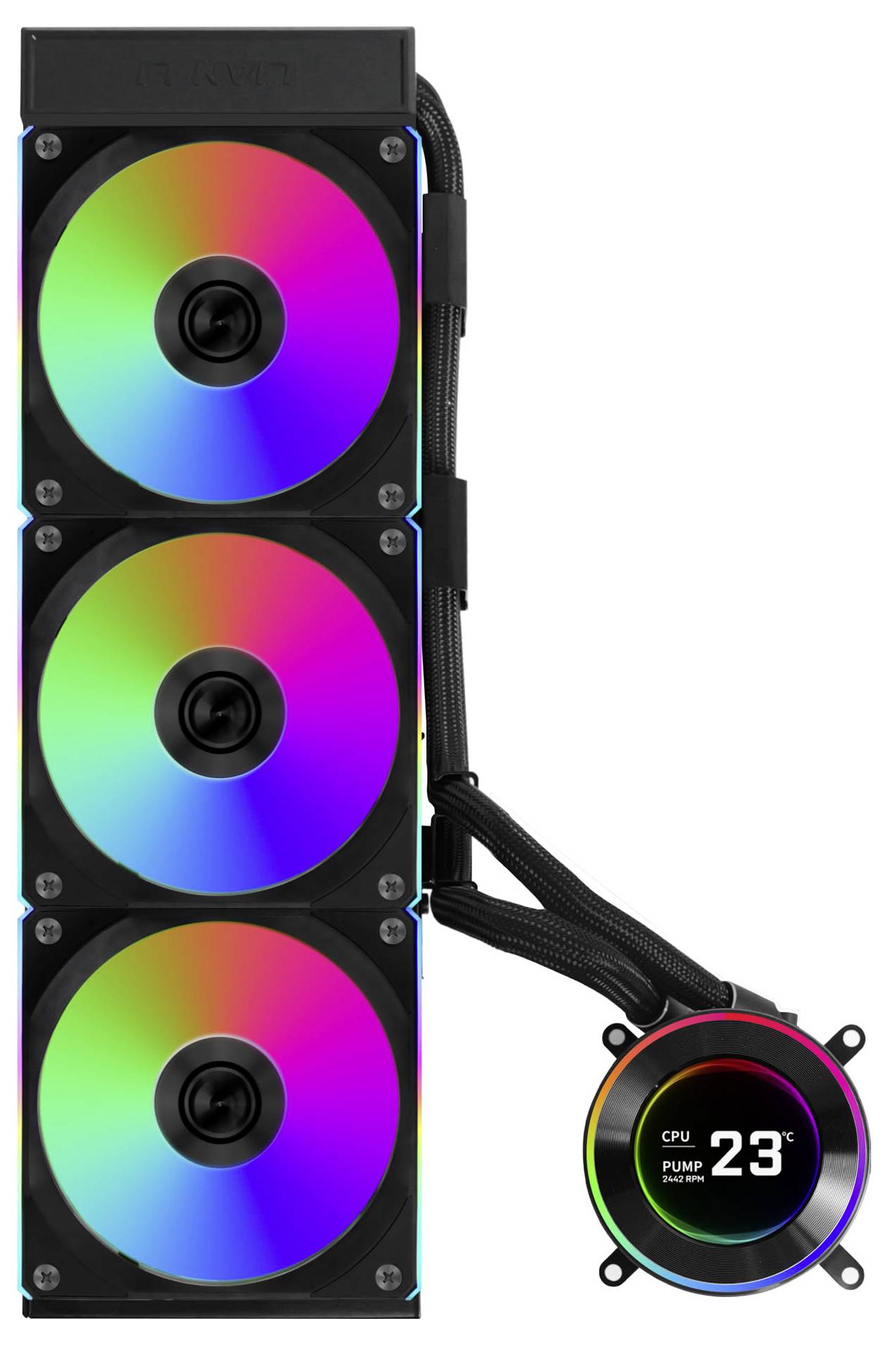 Sustav tekućinskog hlađenja s tri RGB ventilatorа koji na CPU bloku prikazuju '23°C', čime indicated trenutnu temperaturu procesora.
