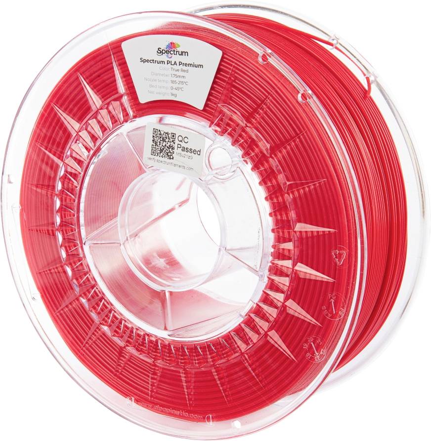 Prozirna špula crvene 3D pisač niti, označena kao 'Spectrum PLA Premium.'