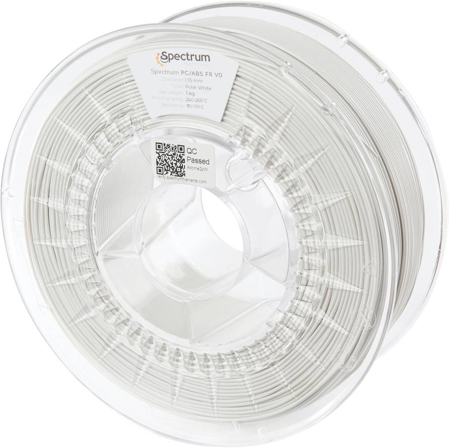 Prozirni kotur 3D printanja filament oznake 'Spectrum', s navedenim specifikacijama: PC/ABS FR V0, težina i raspon temperature printanja.