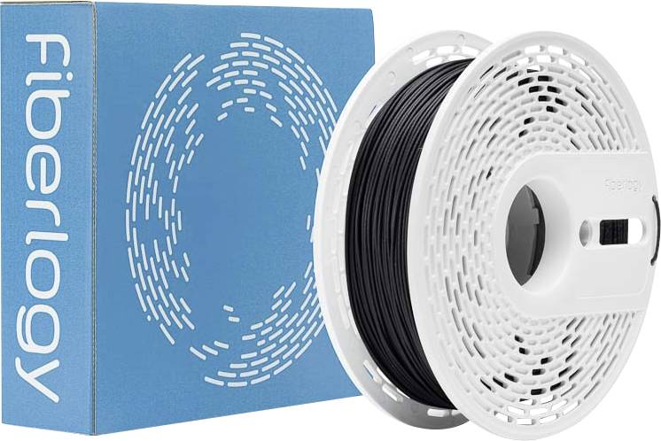 Plava kutija i špula crnog 3D pisača filamenta s tekstom 'Fiberology' na kutiji, što ukazuje na brendirani ambalažni materijal za printanje.