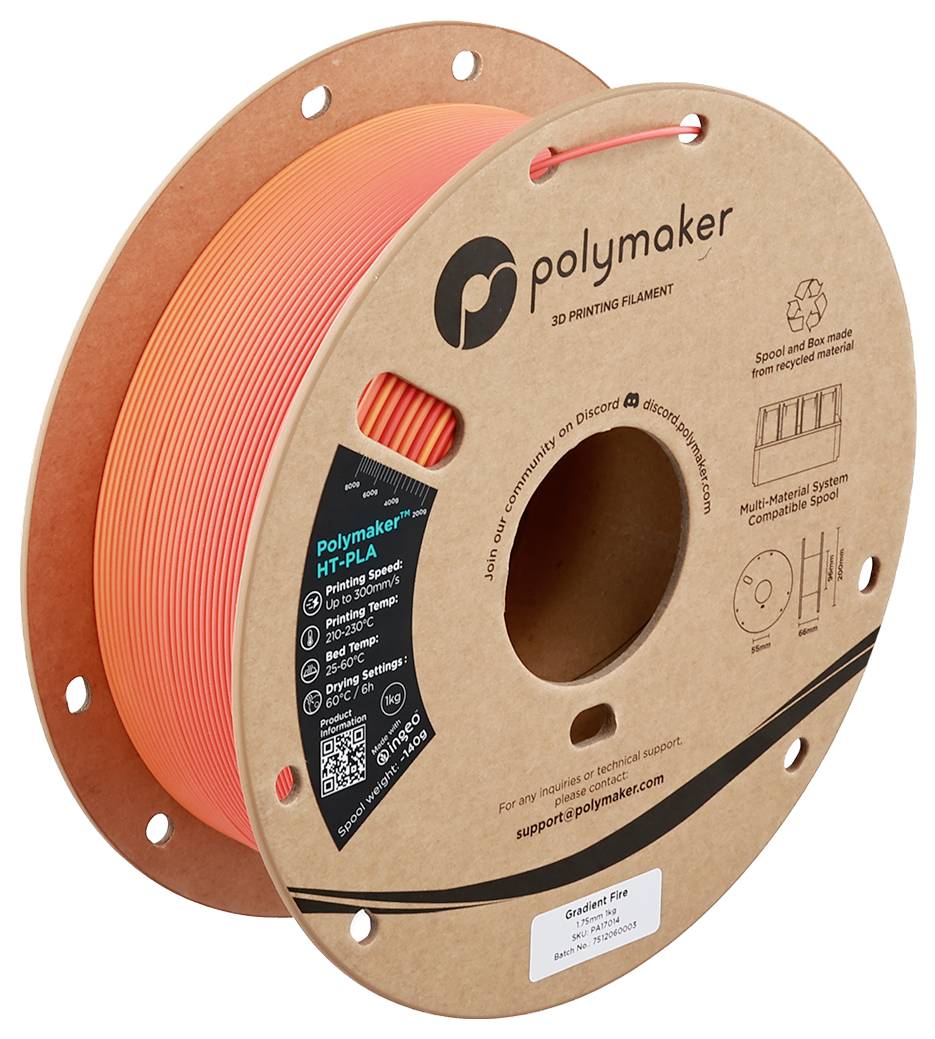 Smotao niti za 3D ispis označen s 'Polymaker' u svetlo narančastoj boji s detaljnim informacijama o proizvodu i QR kodom na pakiranju.