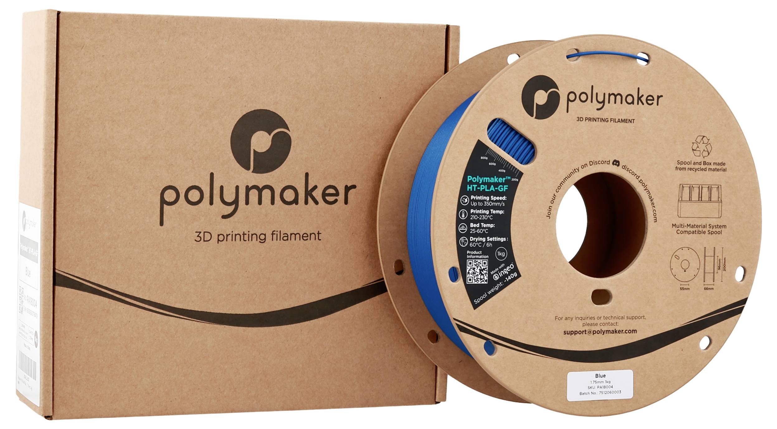 Kutija i kalem Polymaker filament za 3D ispis. Vidljivo je naziv marke "Polymaker" i logotip, s detaljima proizvoda na kalemin.
