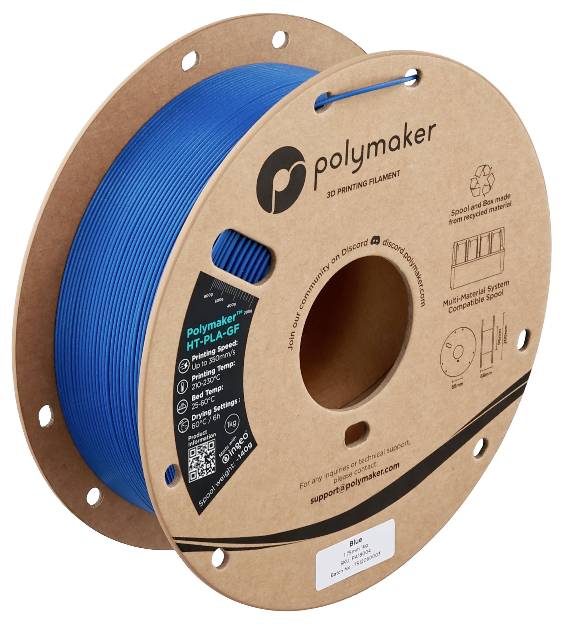 Kotač Polymaker HT-PLA-GF filament za 3D ispis, plavi, na kartonu, s vidljivim detaljima proizvoda i kontaktnim informacijama.