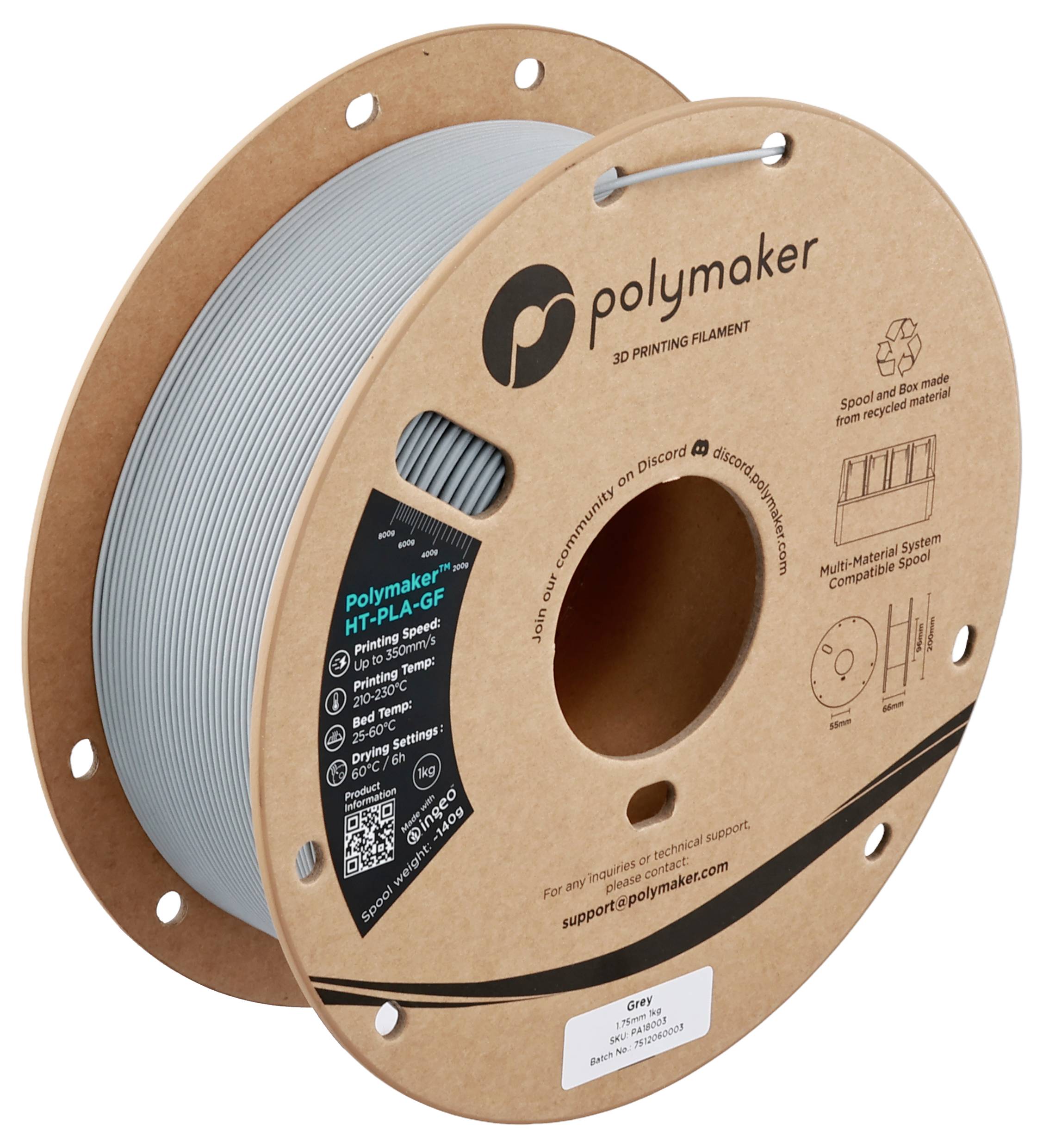 Kolut Polymaker HT-PLA-GF filamenti za 3D ispis u sivoj boji, s kartonskom ambalažom na kojoj se nalaze logotip marke i detalji proizvoda.