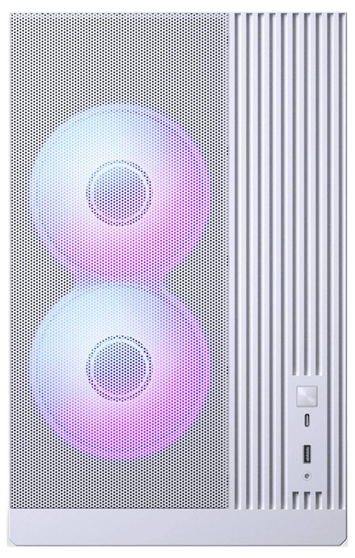 Bijeli računalni kućište s mrežastom prednjom pločom ima dva vidljiva RGB osvjetljena ventilacijska ventilatora koja odašilju šarenu (rainbow) svjetlost.
