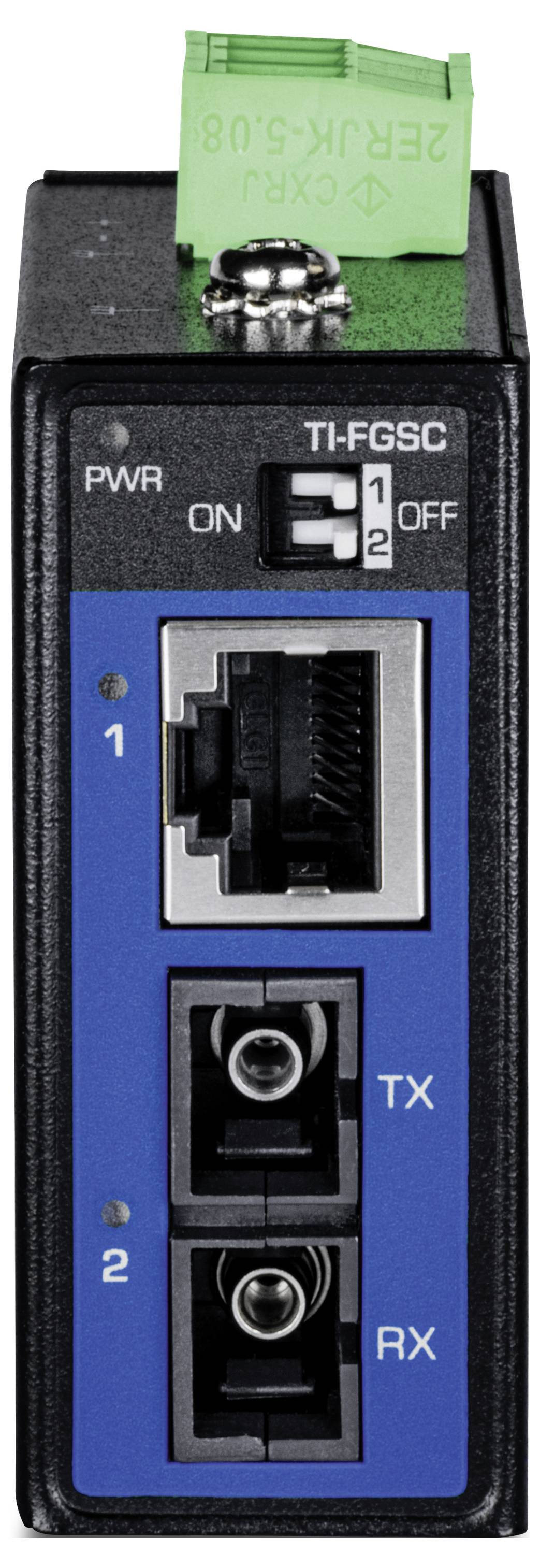InduStrijski mrežni switch s jednim Ethernet i dva optička porta, označen za prijenos (TX) i primanje (RX) podataka.